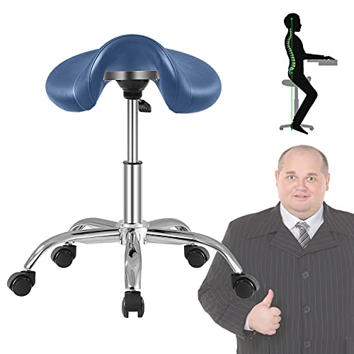 Saddle Stool with Wheels 500 lbs Weight Capacity, Heavy Duty Rolling Stool for Medical Massage Salon Kitchen Spa Drafting Nail-Tech,Height Adjustable,360 Swivel,Wide Thick Seat Padding (Blue)
