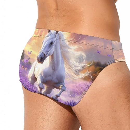 White Horse Lavender Flowers Mens Swim Briefs Quick Dry Swim Trunk Bikini Underwear Swimsuit3