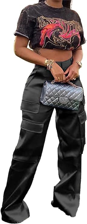 Satin Cargo Pants for Women High Waisted Wide Leg Trouser Multiple Pockets - Image 2