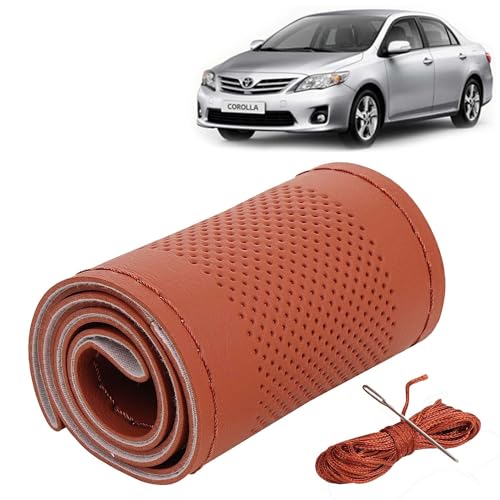 Image of KINGSWAY PU Leatherite Car Steering Cover Sewable Compatible with Toyota Corolla Altis (Year 2007-2013), Tan Color with Tan Thread, Pack of 1 with Sewing Needle and Thread