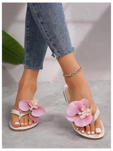 OYOANGLE Women's Floral Flat Flip Flops Pu Leather Slip On Causal Elegant Slide Sandals2