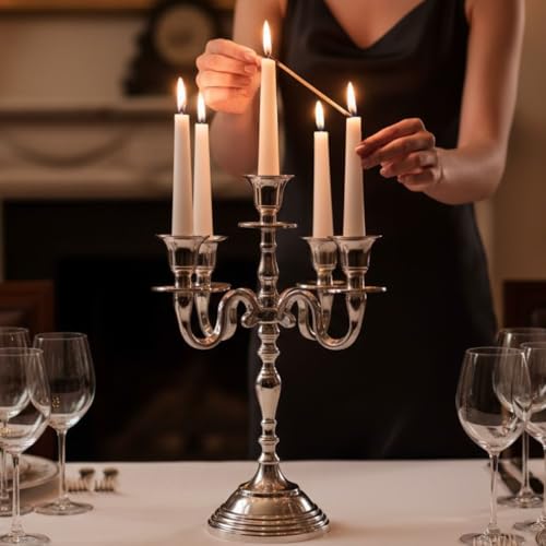 Image of Decorative Aluminum Vintage 5-Arm German Silver Candelabra Candle Holder - Elegant Metal Table Centerpiece for Home, Wedding, Party & Dining Room Decor