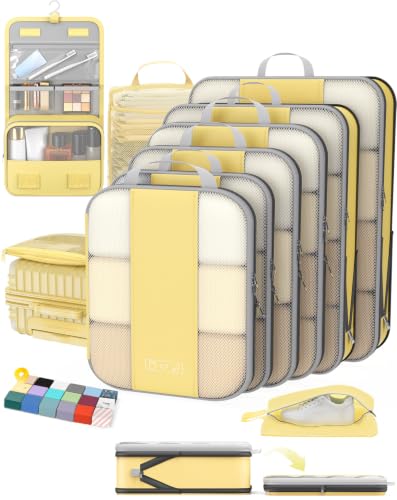 Image of OlarHike 10 Set Compression Packing Cubes for Travel Essentials,Compressible Expandable Space Saver Bags for Organizing Clothes,Luggage Suitcase Garment Bags with Over 1000 pcs Mesh Holes(Yellow)