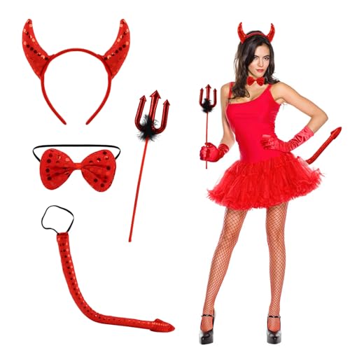 Badaren 4-teiliges Teufel Kostüm - Damen & Kinder, Halloween & Cosplay, mit Hörnern, Schwanz, Fliege & Dreizack