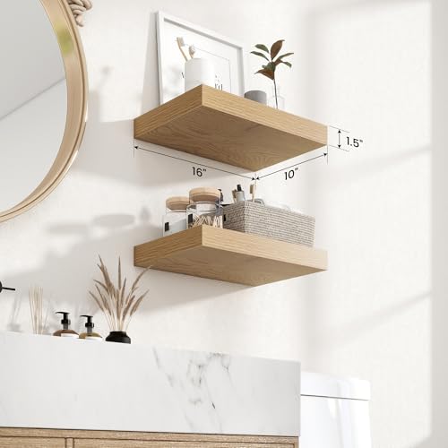 Axeman Floating Shelves for Wall, Rustic Wood Wall Mounted Shelves for Bathroom, Bedroom, Kitchen, Hanging Bookshelves for Home Wall Decor Living Room, 16 inch Set of 2, Oak