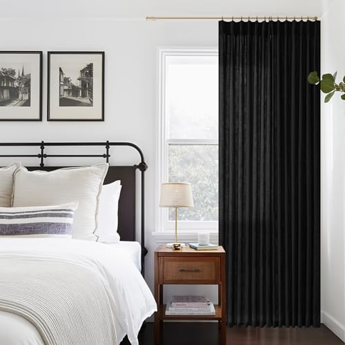 Image of Extra Wide Curtains 90 Inches Long 60 Inch Width for Living Room Black | Light Filtering, Semi Sheer, Farmhouse, Pleated Curtain, Hooks Rings, for Patio Sliding Door, Large Window, 1 Panel