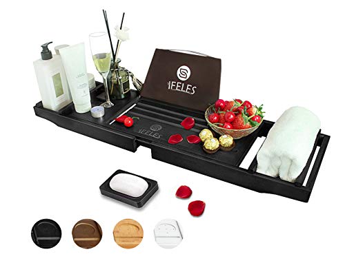 IFELES Bamboo Bathtub Caddy Tray for Tub with Bath Accessories,Bath Trays Shelf for Luxury Bath, Vanity Tray for Tub in Bathroom (Black)