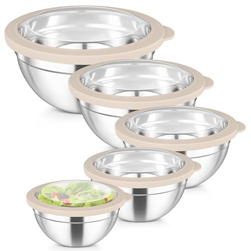 TeamFar Mixing Bowls, 4.5/3/1.5/1/0.7 QT Stainless Steel Nesting Salad Bowls with Visible Lids, For Serving/Mixing/Storing, Non-Toxic & Heavy Duty, Airtight & Easy Clean, Khaki, Set of 5