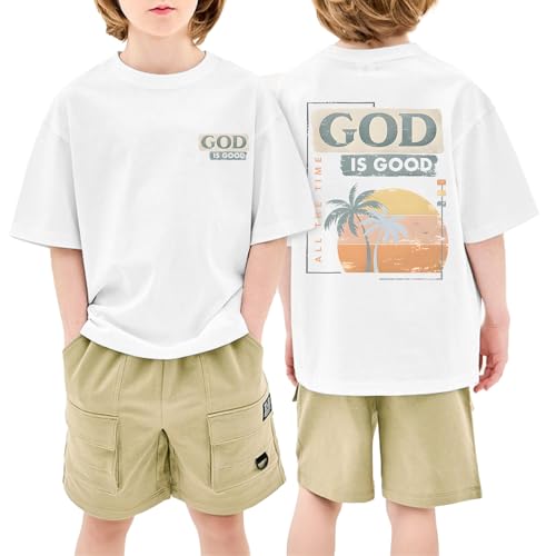 Image of KEEVICI Boys God is Good Shirt Christian Faith Shirts for Kids Jesus Beach Palm Tree Hawaiian Tshirt Graphic Tees Cotton Tops