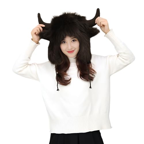 SIQITECHNO Cute Animal Horns Ears Earflap Hat Faux Fur Russian Hat Plush Buffalo Cap Funny Viking Trapper Trooper Cap2