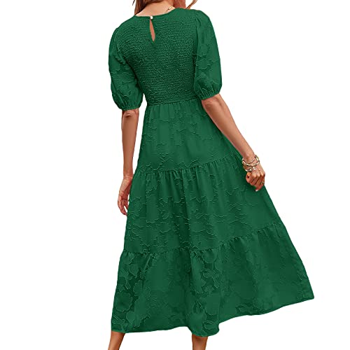 Vestido feminino de verão midi evasê manga curta gola redonda cintura alta renda floral vestido de p