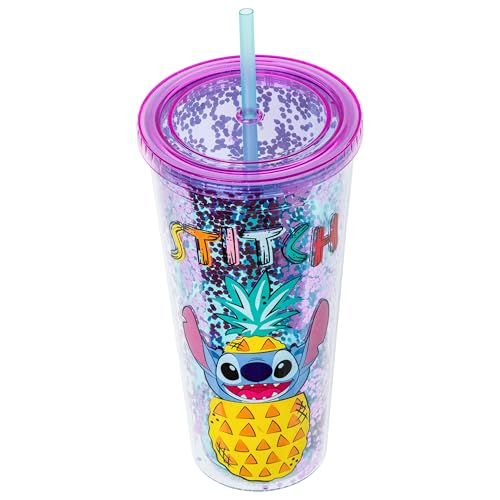 Image of Silver Buffalo Disney Lilo and Stitch Pineapple, Plastic Cold Cup, 32oz | Confetti, Includes Lid and Straw, 0.95 Liters