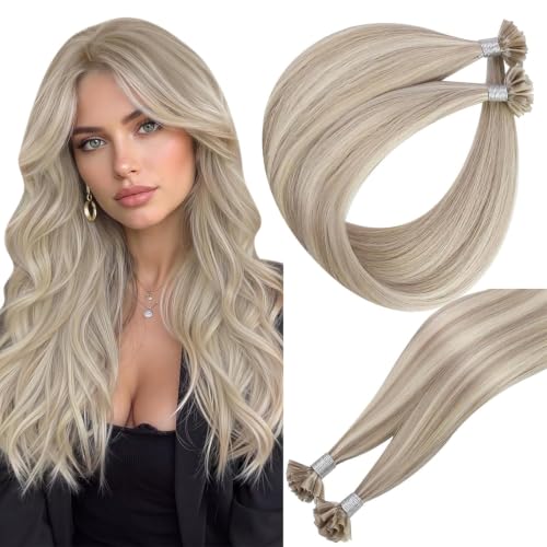 Image of Easyouth Blonde U Tip Hair Extensions, 14 Inch 50G 50S, Real Human Hair Highlights Ash Blonde with Bleach Blonde, Ktip Human Hair Extension, Invisible for Add Volume