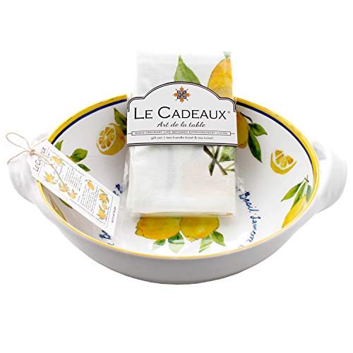 Exclusive Discount 80% Offer Le Cadeaux GS-BST-PAL Palermo Lemon Basil Melamine Salad Bowl with Handles, 9.25 inch, and Tea Towel Set