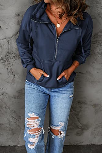 Image of PRETTYGARDEN Women's Casual Long Sleeve Zipper Sweatshirt Drawstring Loose Quarter Zip Pullover Tops with Pockets