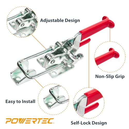 Image of POWERTEC 2PK Toggle Clamp, 2000 lbs Holding Capacity, 40341 Self-Lock U-Bolt Adjustable Latch w /Antislip Hand Grip for Woodworking Jigs & Fixtures, Smoker, Tire Carrier, Tool Box, Cabinet (20340V)