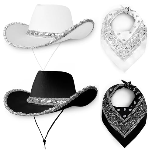 Cowboy Cowgirl Hats Pack of 2 Felt Western Unisex (1 Black and 1 White Sequin Hats and Matching Bandanas) Texas Texan Costume Accessories for Women Men Adults Wild West Fancy Dress Party Cow Girl