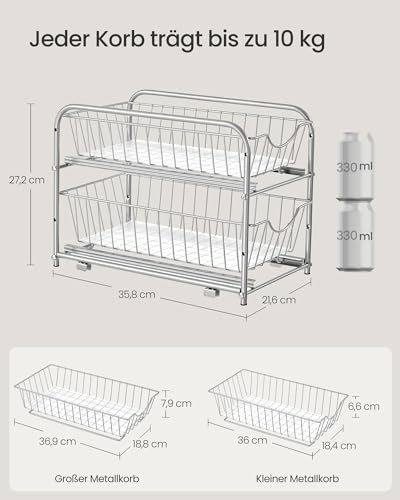 SONGMICS Küchen-Organizer, Küchenregal, Ordnungssystem, 2 Ebenen, stapelbar, erweiterbar, mit Metallkörben, für Küche, Badezimmer, taubengrau KCS017E01V1