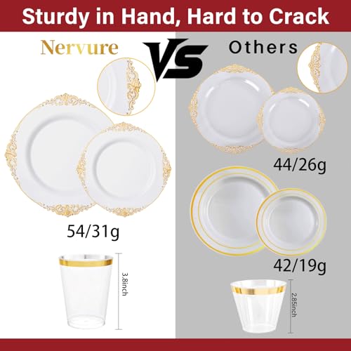 Nervure 175PCS White and Gold Plastic Plates - Disposable Dinnerware Set Include 50 Gold Plates for Dinner and Dessert, 75 Cutlery, 25Cups 25Napkins for Wedding & Party & Thanksgiving - Image 5