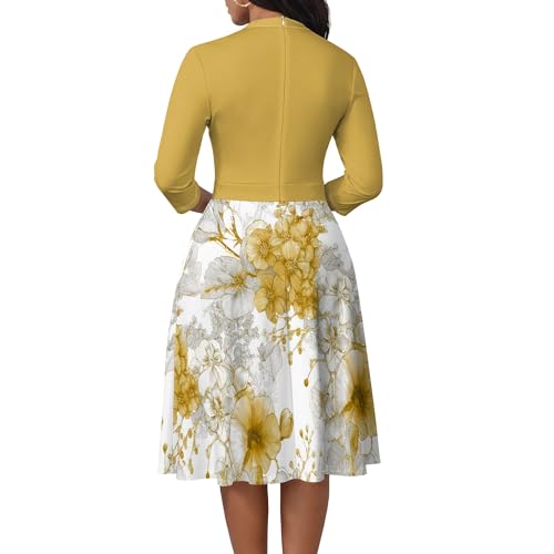 Womens 3/4 Sleeve Midi Dresses Floral Contrasting Color V Neck A Line Dress Elegant Fall Dresses with Pockets S-3XL2