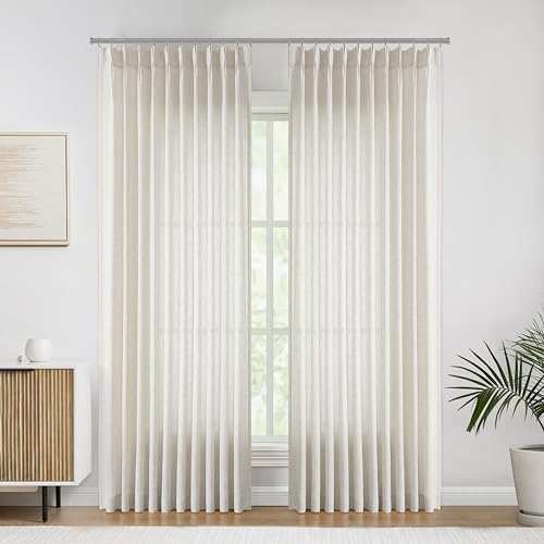 Image of Vision Home Natural Pinch Pleated Semi Sheer Curtains Textured Linen Blended Light Filtering Window Curtains 90 inch for Living Room Bedroom Patio Pinch Pleat Drapes with Hooks 1 Panel 60 inch Wx90 L