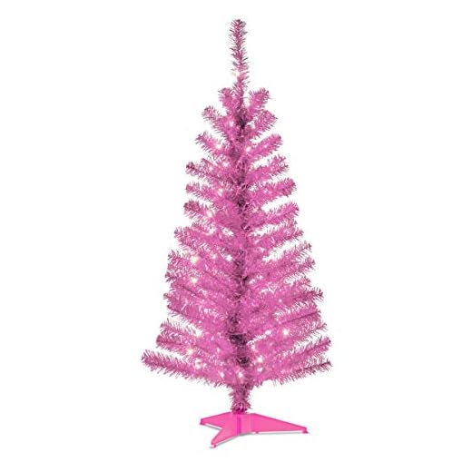 National Tree Company Pre-Lit Artificial Christmas Tree, Pink Tinsel, White Lights, Includes Stand, 4 feet