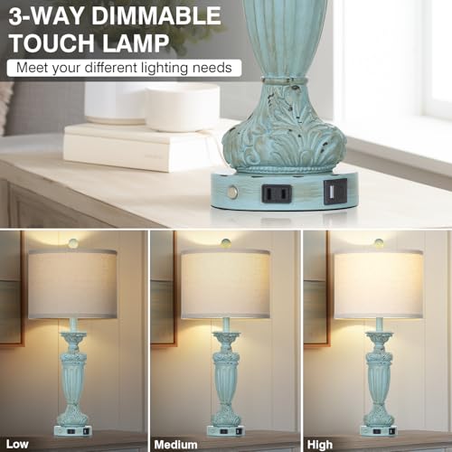 Rinweey 27.5 Inch Farmhouse Resin Table Lamps Set Of 2 For Living Room 3-Way Dimmable Table Lamp With Usb C+A Ports,Light Blue Desk Lamps,Traditional Bedside Lamps Use For Bedroom Nightstand thumb #4