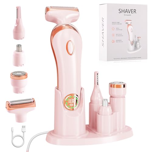 Electric Shaver for Legs Pubic Body Hair, 4 in 1 Bikini Trimmer for Women, Replaceable Lady Facial Nose Razor, IPX6 Waterproof Rechargeable Women's Grooming Kit
