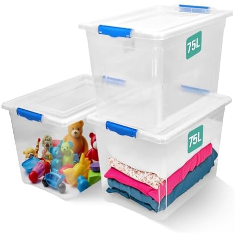 KLASS 3 x 75L Clear Storage Boxes with Lids Cover