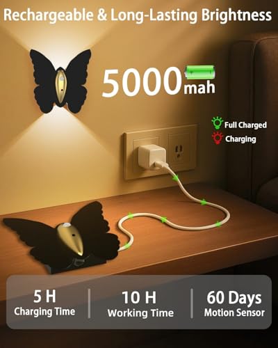 Image of Eneru Motion Sensor Wall Sconce Set of 2, Rechargeable Wall Lights, Indoor | 5000mAh Battery Operated Wall Sconces, Motion Activated, Magnetic Butterfly Night Light for Hallway Stair Closet Pantry Porch