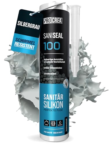 PROCREA® Premium Silikon Saniseal 100 (silbergrau) [mit Anti-Schimmel-Formel] Hochwertiges Sanitärsilikon zum abdichten für Fugen in Bad, Dusche & Küche uvm. - Silicon hellgrau in Profi-Qualität