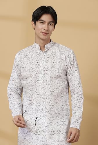 Image of Majestic Man Men's Cotton Regular Fit Casual Mandarin Collar Ethnic Motifs Printed Long Regular Kurta