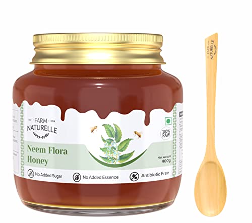Image of Farm Naturelle Neem Forest Flower Wild Honey 400gm |100% Pure Honey | Raw & Unfiltered|Unprocessed|Lab Tested Honey In Glass Jar with Engraved Virgin Wooden Spoon