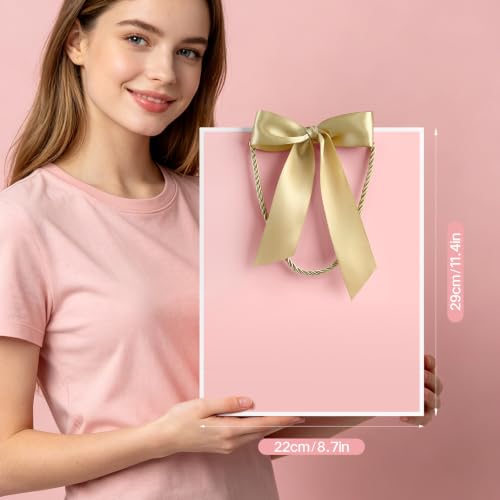 Image of JMANNI Gift Bags with Handles, 11.4 inch Small Mothers Day Gift Bag for Presents, 2 Pcs Bags with 4 Tissue Paper and 2 Cards for Baby Shower Wedding Bridal Shower Mother's Day Birthday Party (Pink-white)