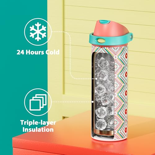 Image of 24 oz Insulated Water Bottle with Straw: Meoky Stainless Steel Metal Water Bottle with 2-in-1 Lid - Leak Proof, Cold for 24 Hours, Fits in Car Cup Holder, BPA-Free for Travel Sports Gym, Prism Folk
