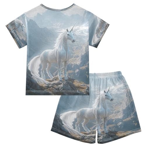 ALAZA White Horse Landscape Mountain Pajamas Set Short Sleeve Cotton Sleepwear Summer Pjs 2 Piece 5-14Y2