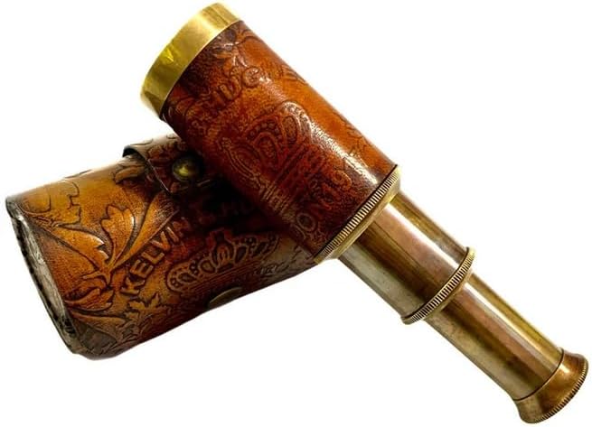 6" Engraved Leather Brass Pocket Telescope, Nautical Pirate Spyglass Scope, Home Decor Gift