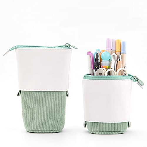 Pencil Telescopic Holder Stationery Case, PU Corduroy Pen Pencil Telescopic Holder Stationery Case Organizer Great for Makeup Cosmetics Pouch Zippe Retractable Pen Bag (Green)