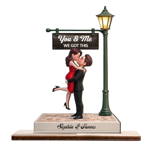 Romantic Couple Hugging Kissing Under Lamp Post - Personalized 3-Layered Wooden Plaque - Heartfelt Valentine's Day Gift for Old Couple Husband Wife Him Her on Anniversary Wedding