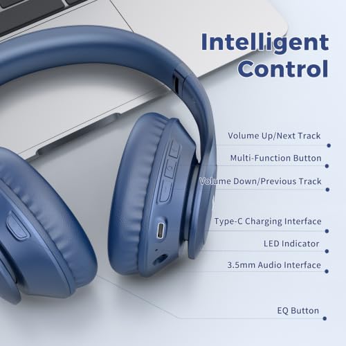 Image of Uliptz Wireless Bluetooth Headphones, 65H Playtime, 6 EQ Sound Modes, HiFi Stereo Over Ear Headphones with Microphone, Foldable Lightweight Bluetooth 6.0 Headset for Travel /Office /Cellphone /PC(Blue)