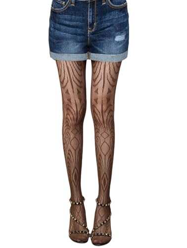 Image of Mrotrida Women's Dark Punk Patterned Fishnet Tights Sexy Elastic Hollow Pantyhose Leggings Fire Mesh Stockings (Coffee-A)
