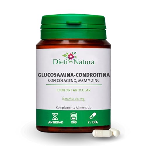 Dieti Natura Cápsulas de Glucosamina con Condroitina - Con MSM, Colágeno Marino, Zinc y Manganeso - Para la Flexibilidad y Movilidad de las articulaciones - Fabricado en Francia sin OMG (60 Cápsulas)