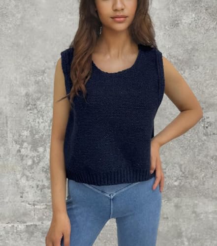 Image of Women's Back Tie Bow Knit Sweater Vest Casual Tops Y2K Sleeveless Crew Neck Knit Vest