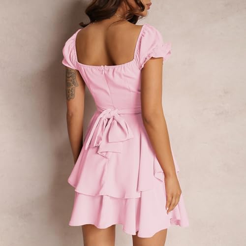 Image of Women Summer Boho Ruffle Short Dress Square Neck Layered Flowy Swing Solid Color Casaul Sun Beach Mini Dresses