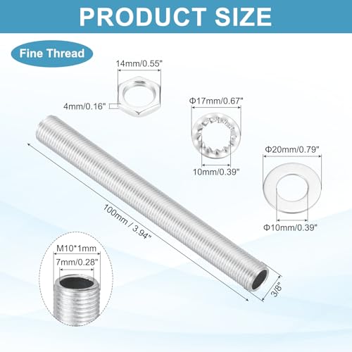 Image of MECCANIXITY 70Pcs 3.9 inch Lamp Pipe Nipples Kit with Hex Nuts Washers, M10 Fine Threaded Hollow Tube Repair Hardware Fasteners Assortment for Assembly Chandelier Ceiling Lamp DIY, Silver