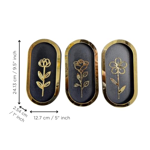 Image of eCraftIndia Pack of 3 Floral Wall Art with Black & Golden Wood Base Flower Cutouts Decor for Living Room Bedroom