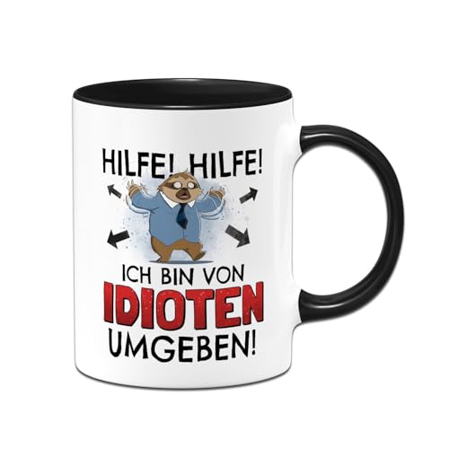 RatzFatz Faultier Tasse mit Spruch: Hilfe! Ich bin von Idioten umgeben! - Bürotasse lustig als Geschenk für Kollegen, Kollegin - Kaffeetasse, Kaffeebecher als Wichtelgeschenk (Schwarz)
