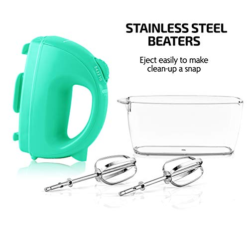 Image of OVENTE Portable Electric Hand Mixer 5 Speed Mixing, 150W Powerful Blender for Baking & Cooking with 2 Stainless Steel Chrome Beater Attachments & Snap Clear Case Compact Easy Storage, Turquoise HM161T
