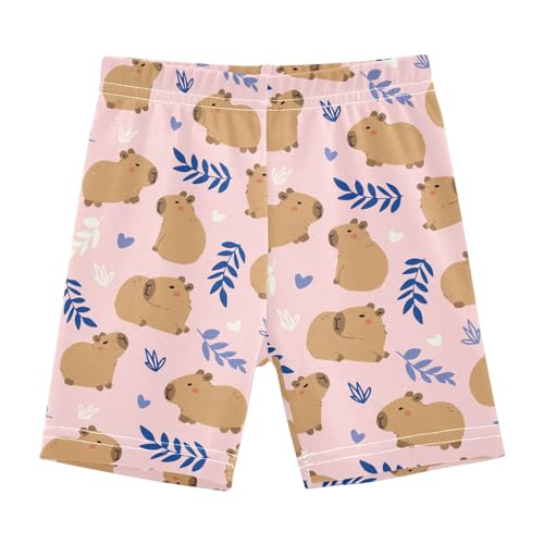 Cute Capybara Simple Flower Pattern Girls Shorts Elastic Waist Sports Shorts Girls Leggings Pants for 4-10 Years