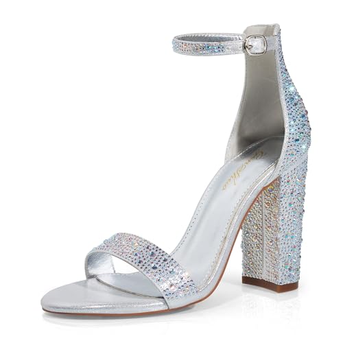 Image of GENSHUO Women's 4-inch Chunky High Heel Sandals with Ankle Strap,Party Wedding Bridal Shoes